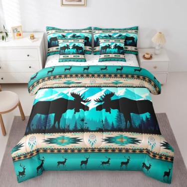 Imagem de Jogo de cama king size com alce, 7 peças, geométrico asteca ocidental exótica, apanhadores de sonhos, tribais africanos, conjunto de lençol e lençol com animais da floresta e veado