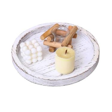 Imagem de Bandeja de servir de madeira rústica – Bandeja redonda feita à mão, bandeja decorativa de madeira Paulownia leve para mesa de café, suporte de vela, café da manhã na cama e decoração de casa multiuso