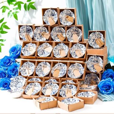 Imagem de SiliFine Conjunto de 48 peças de lembrancinhas de casamento para convidados pequena tigela de cerâmica conjunto de presentes a granel design floral de 8,3 cm mini tigela de molho com caixa de cartões