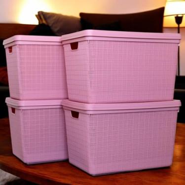 Imagem de Kit 4 Caixas Organizadoras Plásticas 22L com Tampa Empilháveis para Organização de Cozinha Banheiro Escritório (Rosa)