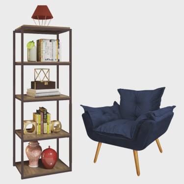 Imagem de Kit Poltrona Fatte com Estante Livreiro Ferro Marrom mdf Freijó Suede Azul Marinho - Ahazzo Móveis