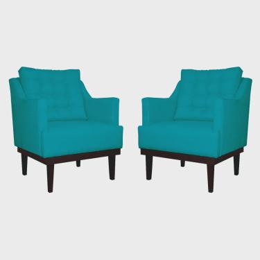 Imagem de Kit 02 Poltronas Decorativa Stefanie Com Base Madeira Tabaco Suede Azul Turquesa - ds Estofados