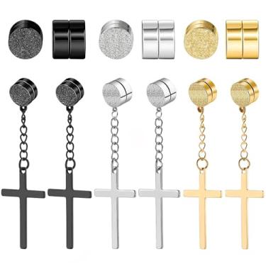 Imagem de NEWITIN 6 pares de brincos magnéticos de aço inoxidável, brincos de pressão e cruz, brincos de argola de zircônia cúbica, brincos magnéticos para homens e mulheres 11,0, Metal, Zircônia cúbica