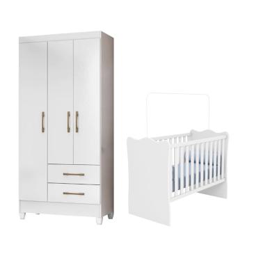Imagem de Jogo Infantil Branco Duas Peças Berço e Guarda Roupa