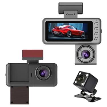 Imagem de Câmera de painel de 3 canais para carros, câmeras frontal interna e traseira DVR, aplicativo WiFi, gravador de vídeo com visão noturna IR, proteção panorâmica de 360 graus, WDR super grande angular