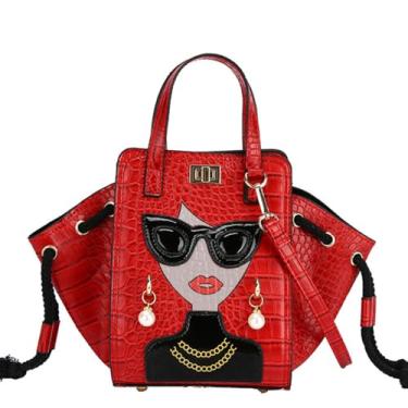 Imagem de Novidade exclusiva 3D Lady Face PU couro superior alça superior bolsa feminina Funky tote bolsa Hobo bolsa tiracolo bolsas de ombro, Crocodilo vermelho, Large, Novidade