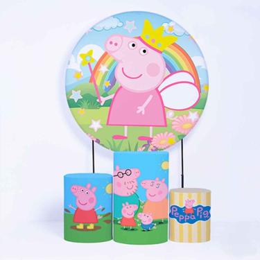 Imagem de Kit Painel de Festa Redondo de 1,30m e Trio de Cilindros Peppa Pig - Fera Print