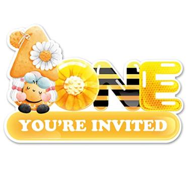 Imagem de Opomzk Convites de primeira festa com envelopes, 20 conjuntos de convites de abelha em forma de um ano de idade aniversário chá de bebê festa convida suprimentos lembrancinhas, dupla face