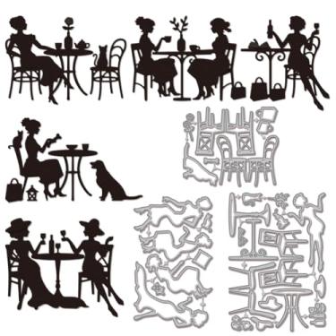 Imagem de GLOBLELAND Matrizes de corte femininas de chá da tarde para scrapbooking, metal, mulheres, mesa, cadeira, corte, gato, cachorro, para fazer cartões, gravação em relevo, álbum de fotos, decoração de