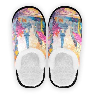 Imagem de Joisal Mimosa Chinelos de inverno portáteis masculinos para casa, chinelos de spa com bolsa de armazenamento, Pintura a óleo da Torre Eiffel, 5-8 US Women/5-8 US Men