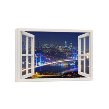 Imagem de Impressão lona janela falsa-Paisagem urbana Panorama-Imagem arte parede paisagem-Pintura moderna para banheiro decoração 50x70cm20x27in Tela Embrulhada