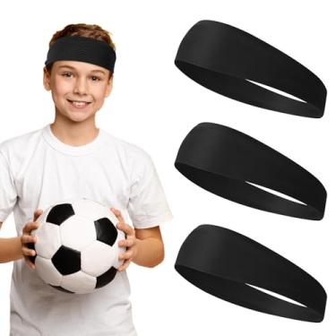 Imagem de 3 faixas de cabelo esportivas para crianças, meninos, meninas, atléticas, elásticas, faixas de cabelo macias que absorvem a umidade, faixa de suor para futebol, basquete, corrida, tênis (preto)