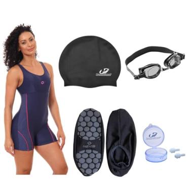 Imagem de Kit Maiô Macaquinho Hidroginástica Óculos + Touca + Protetor E Sapatilha Piscina (Óculos - Preto/Sapatilha Azul Marinho - P, M)