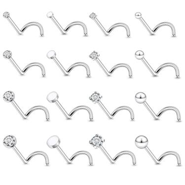 Imagem de Vsnnsns Piercing de nariz 18G, 20G, 22G, joia feminina de aço inoxidável cirúrgico 316L, saca-rolhas em forma de L, opala reta, diamante, zircônia, piercing de narina, joias para mulheres e homens