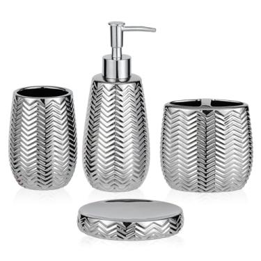 Imagem de TCQMSS Conjuntos Completos De Acessórios Para Banheiro - Conjunto Cerâmica Com 4 Peças, Dispensador Sabonete, Porta-Escovas Dente, Copo E Prato, Decoração (Prata)