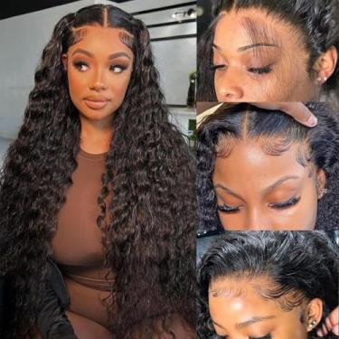 Imagem de LMOMLOM Peruca Lace Front Ondulada Profunda 13X6, Cabelo Humano, Densidade 180%, Hd, Transparente, Frontal, Para Mulheres, Cacheada, Sem Cola, Pré-Arrancada, Com Baby, Preto Natural, 30"