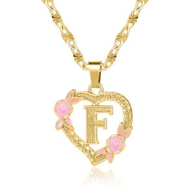 Imagem de Qitian Colar com inicial de coração para mulheres, coração, letra dourada, nome A-Z, nome alfabeto, pingente colar para presente de menina, Ouro, Sem Pedra Preciosa
