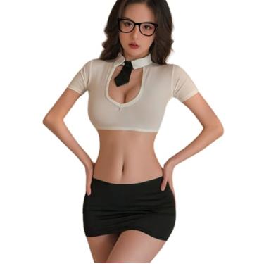 Imagem de PARUPRUP Women’s Sexy Office Secretary Office Lady Teacher Role Play Costume 4 Piece Set with Short Sleeve Top Mini Skirt G-String Tie Halloween Cosplay Lingerie Fancy Dress Uniform Bodysuit Outfit