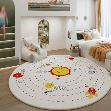 Imagem de Poowe Tapete de área infantil com sistema solar, tapete educativo, divertido, para sala de jogos e berçário (120 cm redondo)