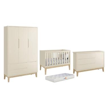 Imagem de Dormitório Classic 3 Portas Areia Com Pés Madeira Natural E Colchão D18 Branco - Reller...