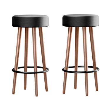 Imagem de Kit 2 Banquetas Alta Berlin Rústico Madeira De Eucalipto Assento Courino 70cm Preto Salaone