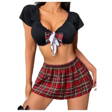 Imagem de WDIRARA Conjunto de 3 peças de lingerie xadrez feminina, tomara que caia, minissaia com tanga cosplay conjunto de fantasia vermelha grande