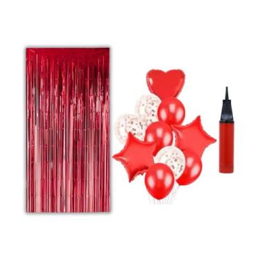 Imagem de 2 Cortinas  Glitter e 10 Balões Coração Brinde Inflador de Ar Cor:Verm