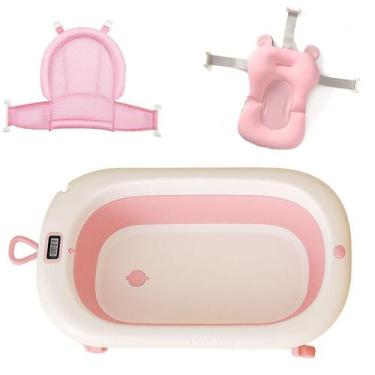 Imagem de Kit Banheira Dobrável Almofada Rede Termômetro Banho Bebê Recém Nascid