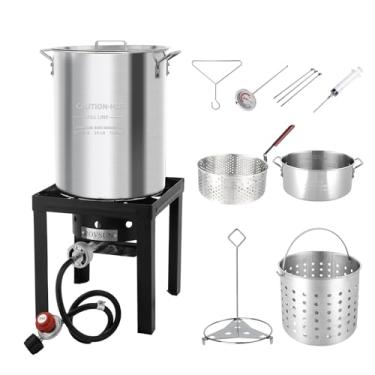 Imagem de ROVSUN Kit de fritadeira de peru e fritadeira de peixe de 10 litros com fogão a propano de 55.000 BTU, fritadeira de alumínio ao ar livre e vaporizador de caldeira de frutos do mar com cestos,