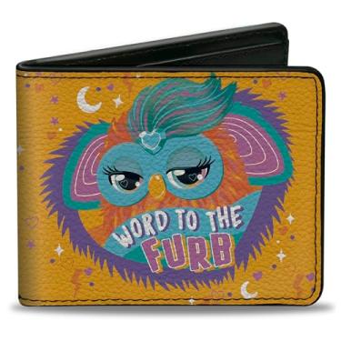 Imagem de Buckle-Down Carteira Furby, dobra dupla, Furby Orange Furby Word To the Furb Heart Pose e logotipo, couro vegano, Amarelo, 4.0" x 3.5", Casual