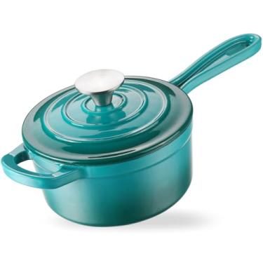 Imagem de NSIRONS Panela esmaltada de ferro fundido, panela esmaltada de 1 litro com tampa, mini panela de esmalte de forno holandês para cozinhar molho de macarrão, molho, pudim, marinado, ferver (azul verde)