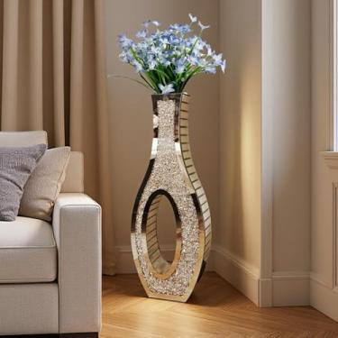 Imagem de Vasos de piso de diamante triturado dupla face de 76 cm de altura, vaso grande de cristal prateado espelhado para sala de estar, vasos decorativos altos para casa, escritório, hotel (30 cm C x 12 cm L