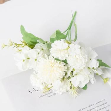 Imagem de Flores artificiais, cravo, hortênsia, crisântemo bulboso, buquê de seda para casamento, casa, jardim, área externa (2 peças/branco)