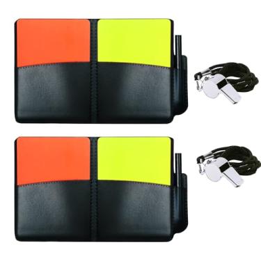 Imagem de 2 conjuntos de kit de árbitro de futebol 2 peças de cartões amarelos de aviso vermelho com 2 peças de aço inoxidável apitos de árbitro carteira de lápis de caderno