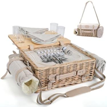 Imagem de Conjunto de cesta de piquenique multifuncional de vime para 4 com cobertor e mesa de piquenique, conjunto de piquenique isolado com utensílios de mesa completos para acampar ao ar livre, casais
