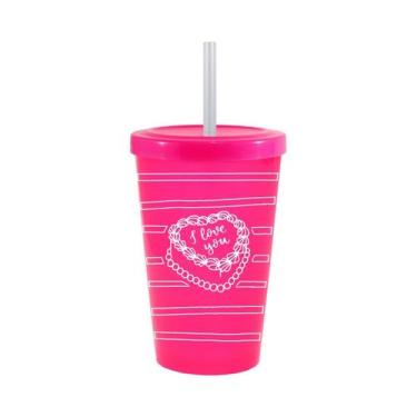 Imagem de Copo Tampa Canudo 300mL Rosa Neon Colecao AMOR I Love You - Bb Store