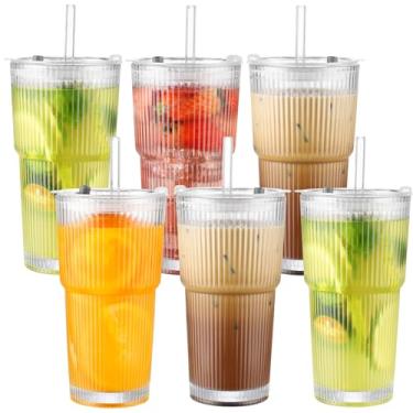 Imagem de CWHHRN Conjunto de 2 copos de vidro de 590 ml com tampa e palha, copo de vidro com canudo e tampa, copos vintage para uísque e coquetel, xícaras de café gelado com tampa (pacote com 6)