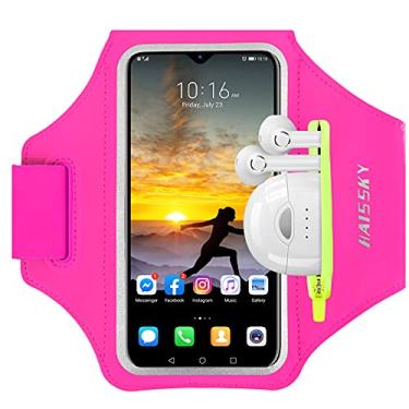 Imagem de HAISSKY Braçadeira de corrida com airpods bolsa braçadeira de celular para iPhone 11/11 Pro/XR/XS/8/7, capa de celular esportiva resistente à água com tela sensível ao toque e compartimento para chave de carro para telefone de 6,5 polegadas, Rose (Up to 6.5'')