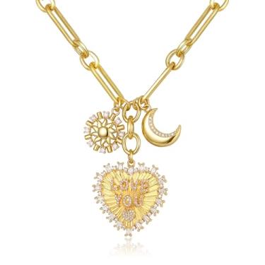 Imagem de FANZE Colar de ouro grosso para mulheres, coração, amor, lua, sol, letra, borboleta, moeda, pingente, colares delicados, gargantilha hip hop, corrente de clipe de papel, joia de formatura para dia dos