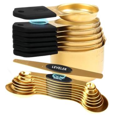 Imagem de Conjunto de copos e colheres de medição de aço inoxidável com 16 peças, design magnético forte, 7 xícaras, 8 colheres com nivelador, marcações de medição dupla para ingredientes secos e líquidos, ouro