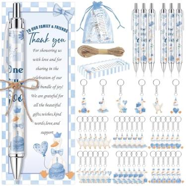 Imagem de 145 peças de lembrancinhas de chá de bebê Silly Goose para convidados, canetas esferográficas e chaveiros, presentes para meninos e meninas, canetas de chá de bebê retráteis de gênero, cartões de