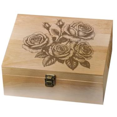 Imagem de arricraft 1 caixa de madeira para lembrança de memória, esboço de uma roseira, caixa de madeira decorativa de memória com tampas de dobradiça para fotos, DVDs, cartas segurando 24,5 x 19,5 x 10,3 cm