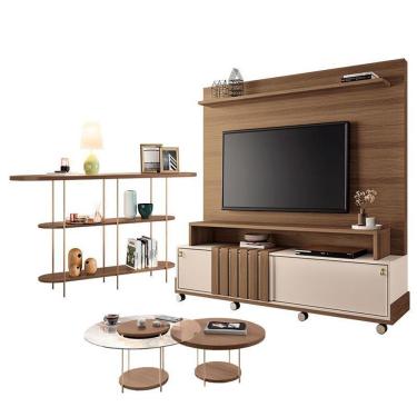 Imagem de Estante Home Theater Bold Off White Castanho E Aparador Infinity E Kit Mesa De Centro Sky Castanho – Hb Móveis