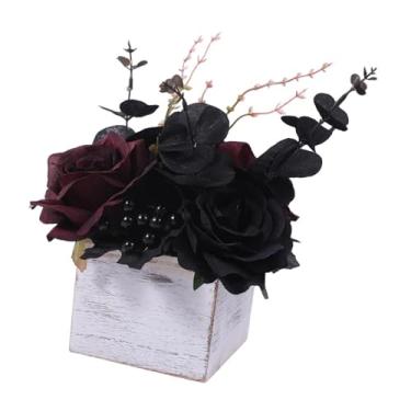 Imagem de MotiveTech Arranjo de Flores Artificiais de Halloween em Caixa de Madeira, Rosas Artificiais Góticas, Enfeite de Mesa para Prateleira de Banheiro, Vermelho escuro, Tamanho real