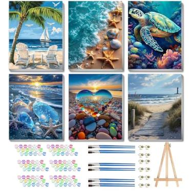 Imagem de Pacote com 6 kits de pintura por números com moldura para adultos iniciantes, kits de pintura de praia por números em tela com cavalete de madeira, kits de pintura a óleo acrílica DIY com pincéis para