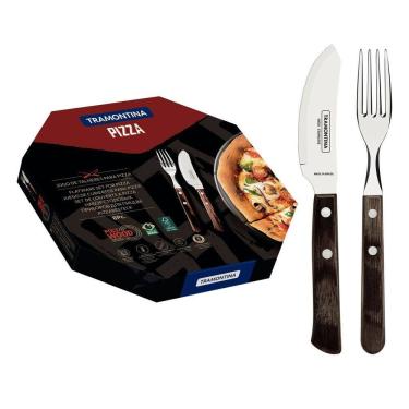 Imagem de Kit Talheres de Pizza Pollywood 8 Unidades Facas Garfos Resistente Aço Inox Cabo Madeira Tramontina