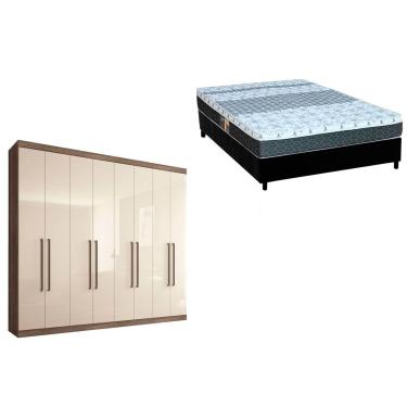 Imagem de Cama Box Casal + Colchão Class Castor + Guarda Roupa Master Vip 8.4 Castanha/Off White