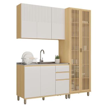 Imagem de Cozinha Compacta 100% Mdf 3 Pçs Cristaleira 190cm Aura Carvalho Uv/Cinza Cris