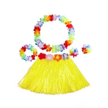Imagem de Kit Fantasia Saia Havaiana 40 cm Pulseira Tiara Colar Festas Carnaval (Amarelo, 40 cm)