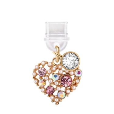 Imagem de ELISE & FONDA TP827 Tipo-C porta de carregamento antipoeira pequeno cristal amor coração charme celular para iPhone 15/16/Samsung/OnePlus/Xiaomi/oppo telefones Android (rosa)